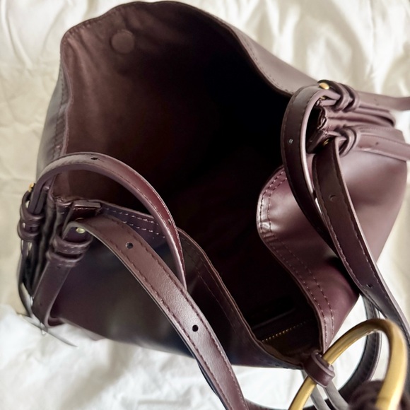 New ZARA Burgundy Metal Ring Detail Shoulder Bucket Hobo Bag Faux Leather Purse - Picture 4 of 5